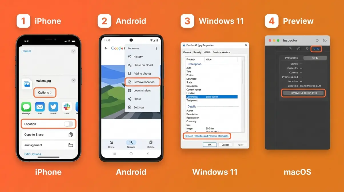 Step-by-step photo metadata removal guide showing how to strip GPS data on iPhone, Android, Windows, and Mac