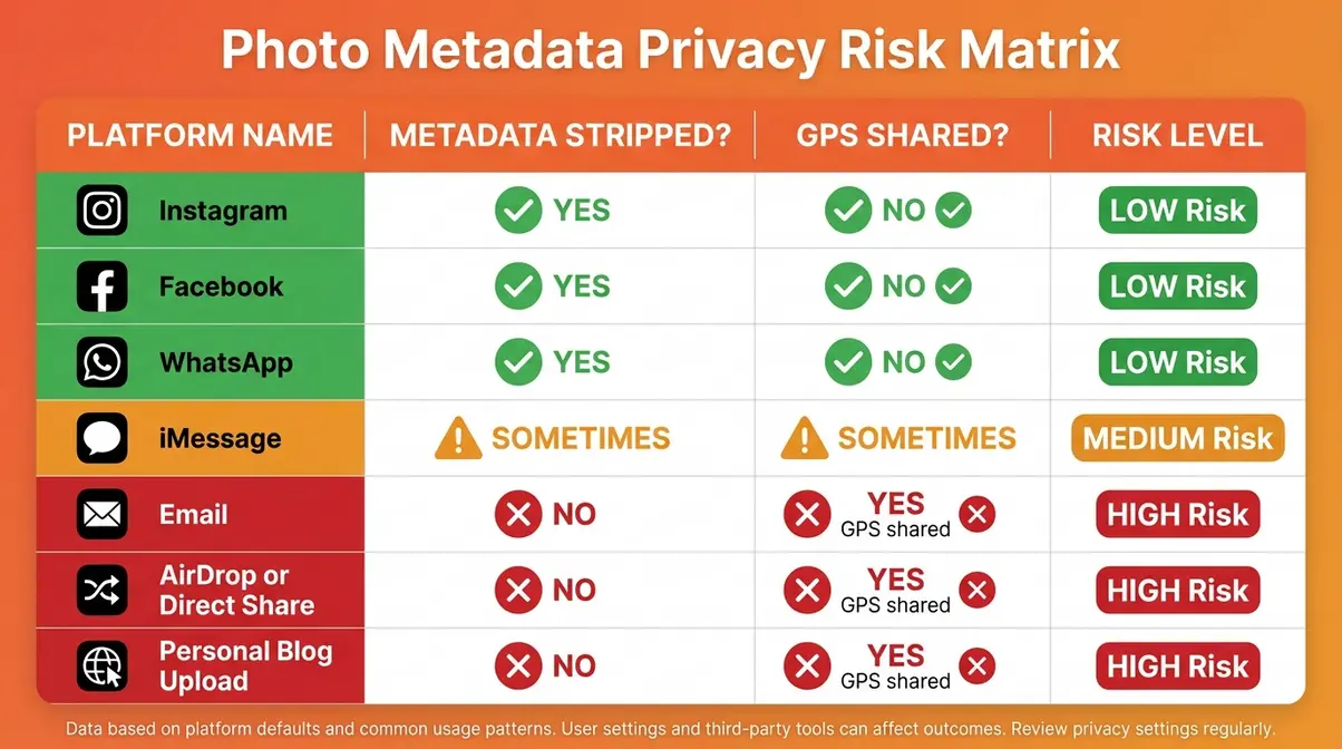 Visual comparison matrix showing which photo sharing platforms strip or preserve GPS metadata and EXIF data, including Instagram, iMessage, email, and WhatsApp