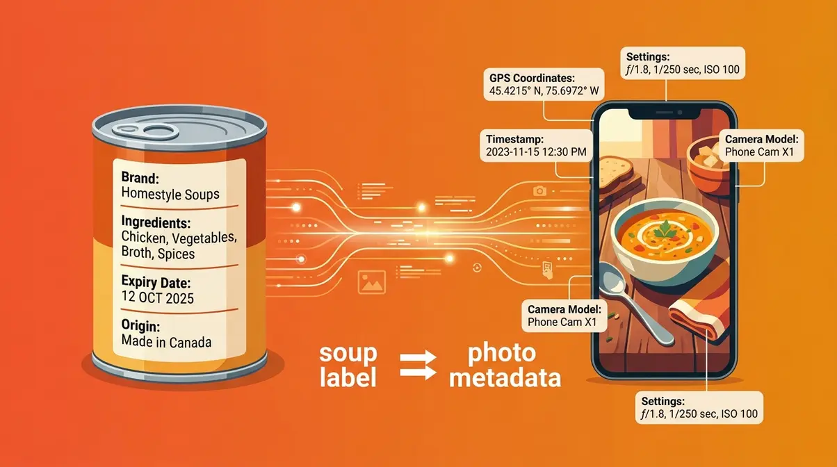 Photo metadata explained — soup can label analogy showing hidden data attached to every digital image file