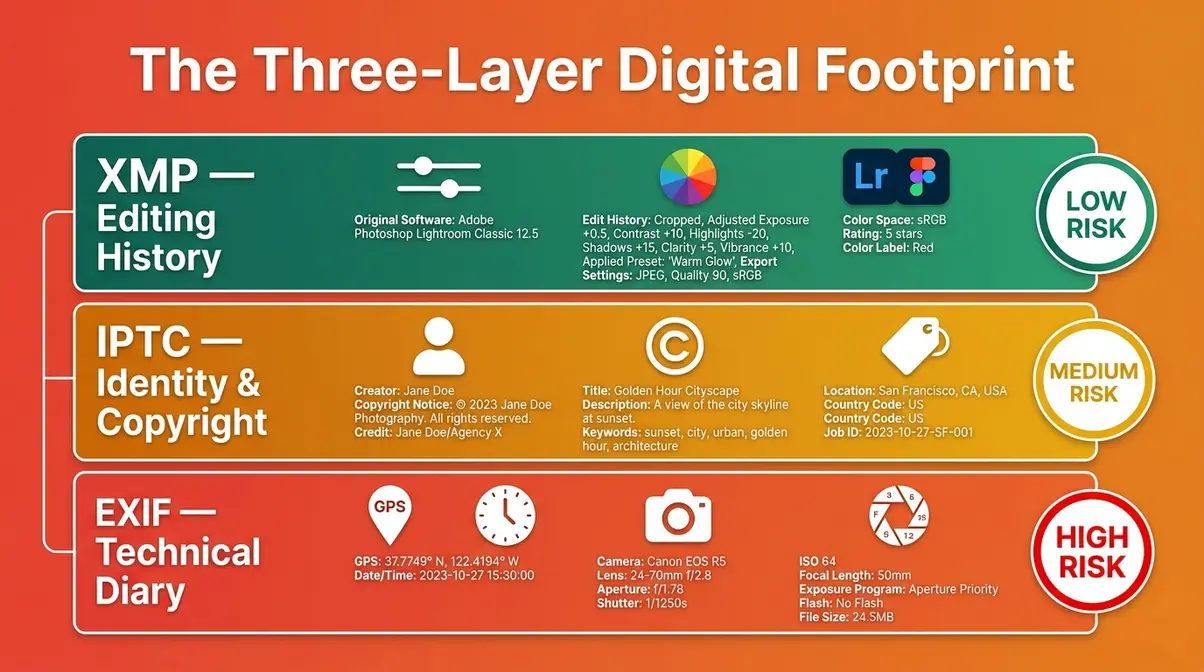 Infographic showing the three layers of photo metadata: EXIF technical data, IPTC descriptive data, and XMP editing data
