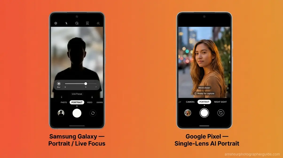 Samsung Galaxy and Google Pixel camera interfaces showing portrait mode activation steps for Android phones