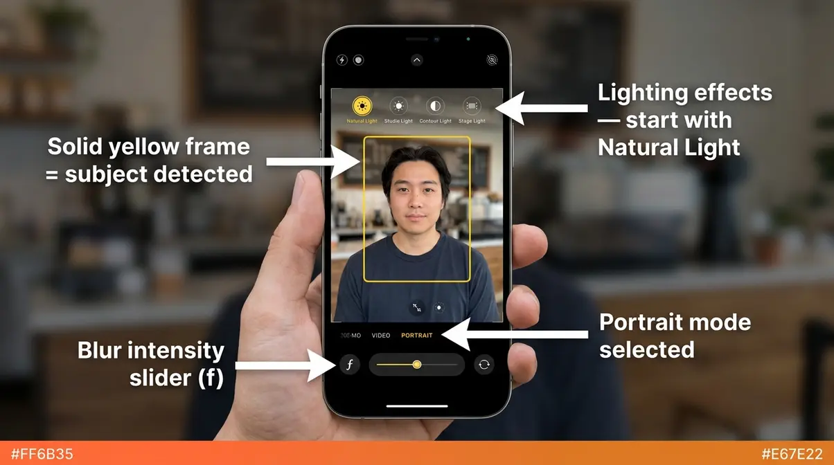 iPhone camera app portrait mode interface showing lighting effects options and solid yellow subject detection frame