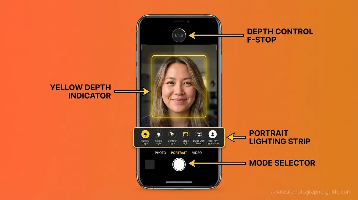 Annotated iPhone camera portrait mode interface showing depth indicator box, lighting strip, and f-stop dial