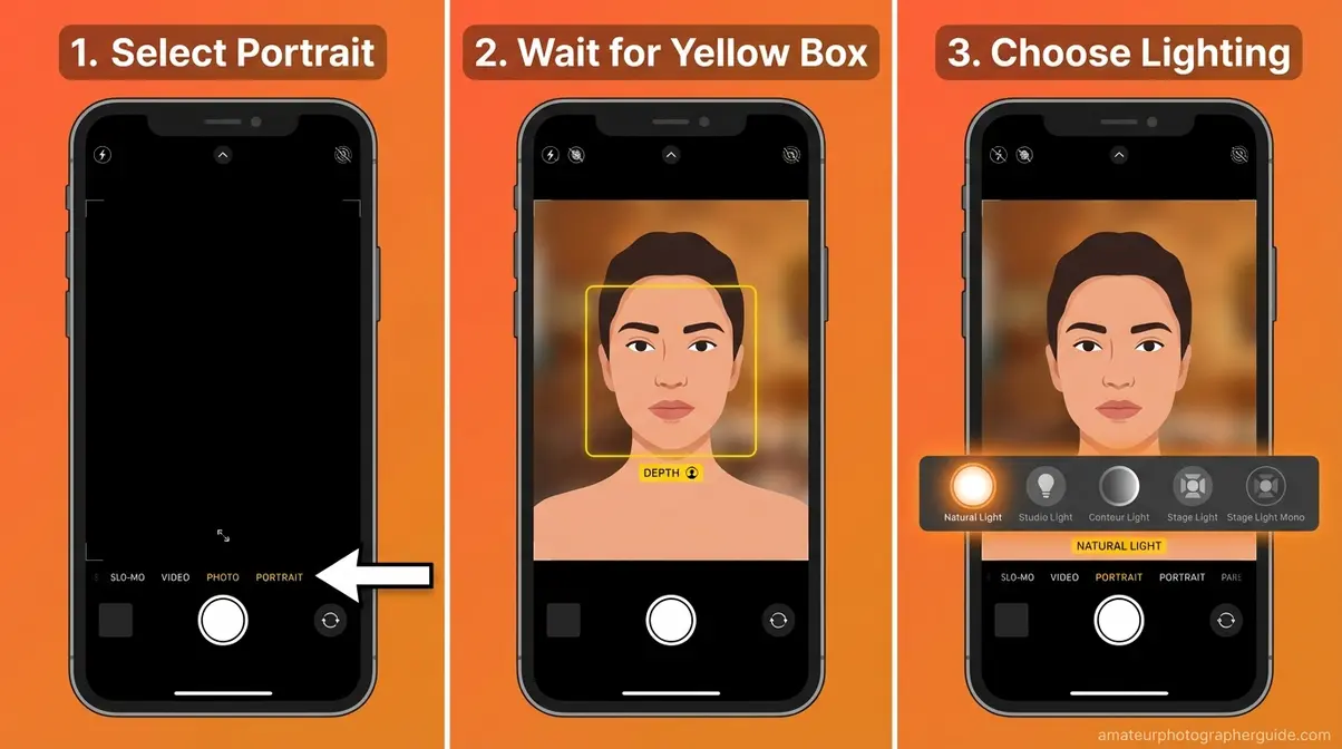 Step-by-step guide showing how to use portrait mode on iPhone with camera app and depth indicator
