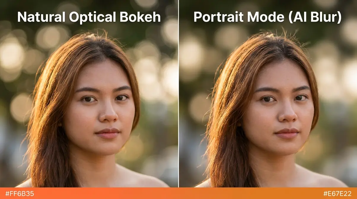 Side by side comparison natural optical bokeh versus portrait mode AI computational blur on smartphone