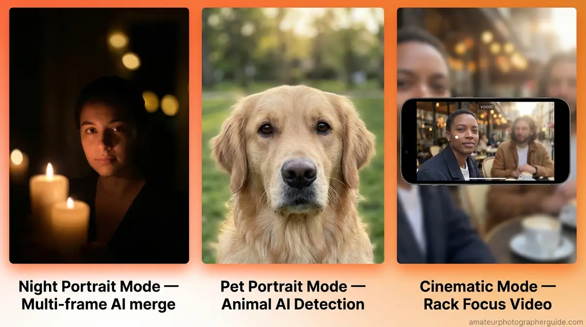 Three advanced portrait mode features: night portrait low light blur, pet portrait animal detection, and cinematic video mode