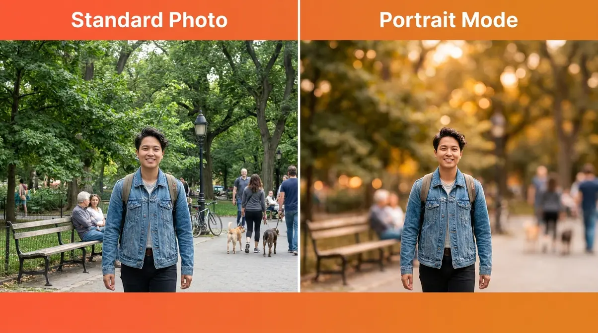 Portrait mode before and after comparison showing blurred background bokeh effect on smartphone