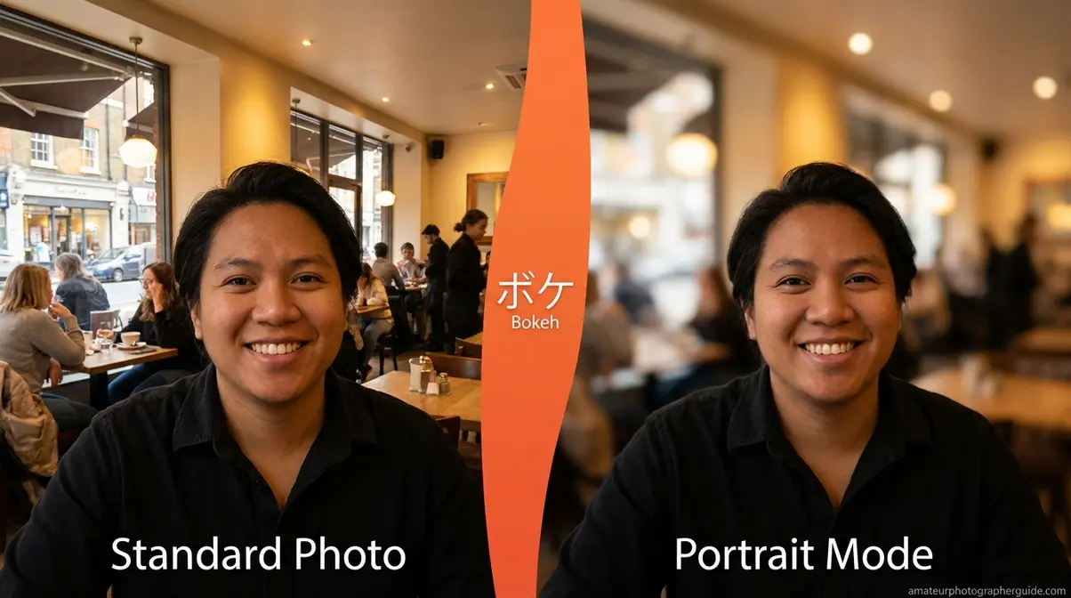 Side-by-side comparison of standard photo versus portrait mode bokeh blur background effect on smartphone