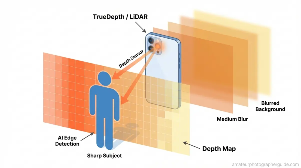 Diagram showing portrait mode depth sensor splitting sharp subject from blurred background on smartphone