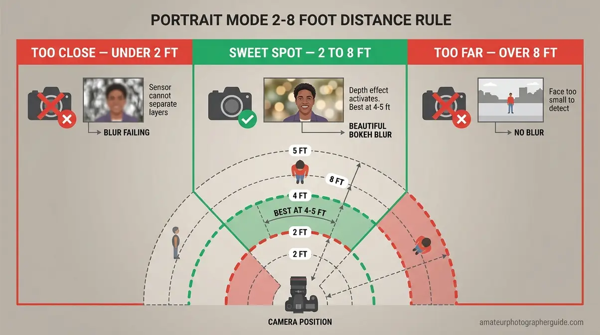 Infographic showing optimal 2 to 8 foot distance zone for portrait mode activation with good and bad distance examples