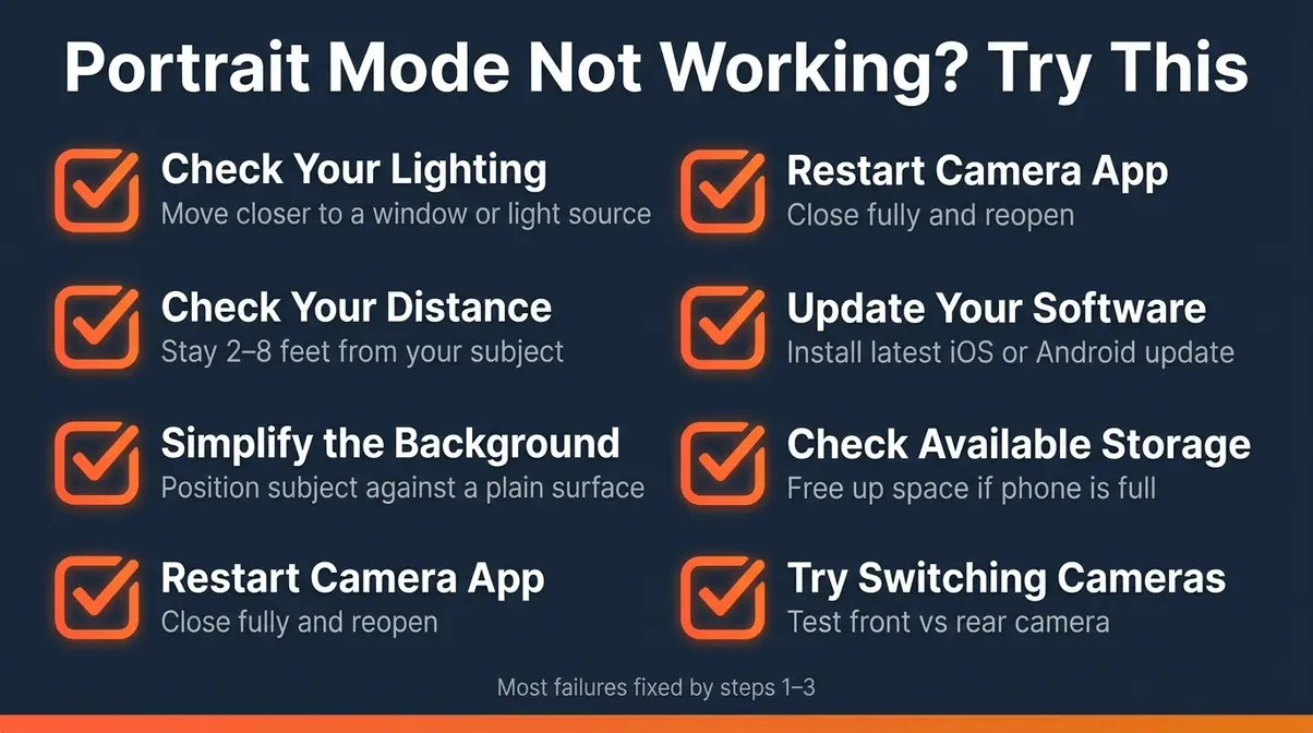 Portrait mode troubleshooting checklist infographic showing seven common fixes for portrait mode not working on iPhone and Android