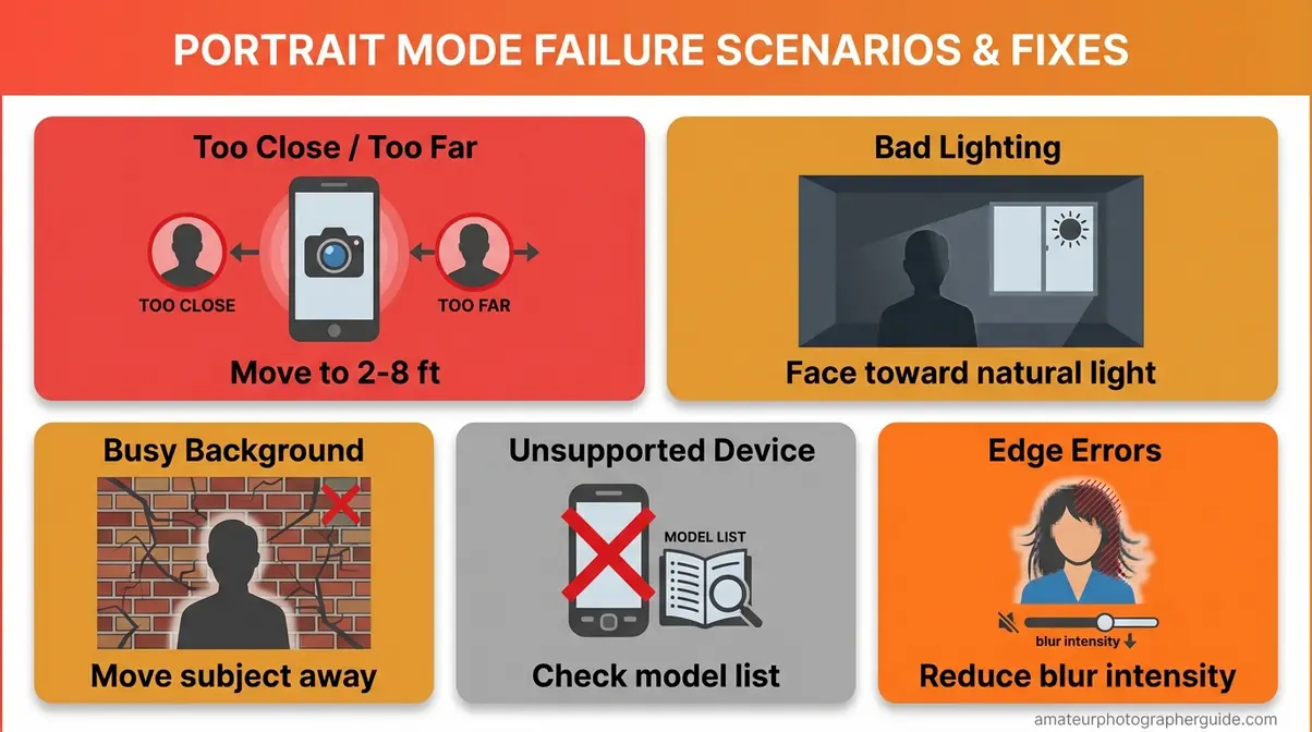 Portrait mode troubleshooting guide showing 5 common fixes for blur not working on smartphone camera
