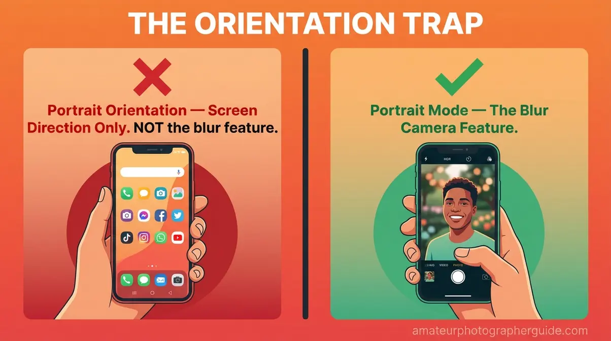 Illustration showing the difference between portrait orientation holding phone vertical and portrait mode blur camera feature