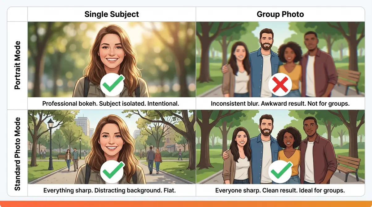 Portrait mode versus standard photo mode comparison showing when to use each for single subjects and group photos on iPhone