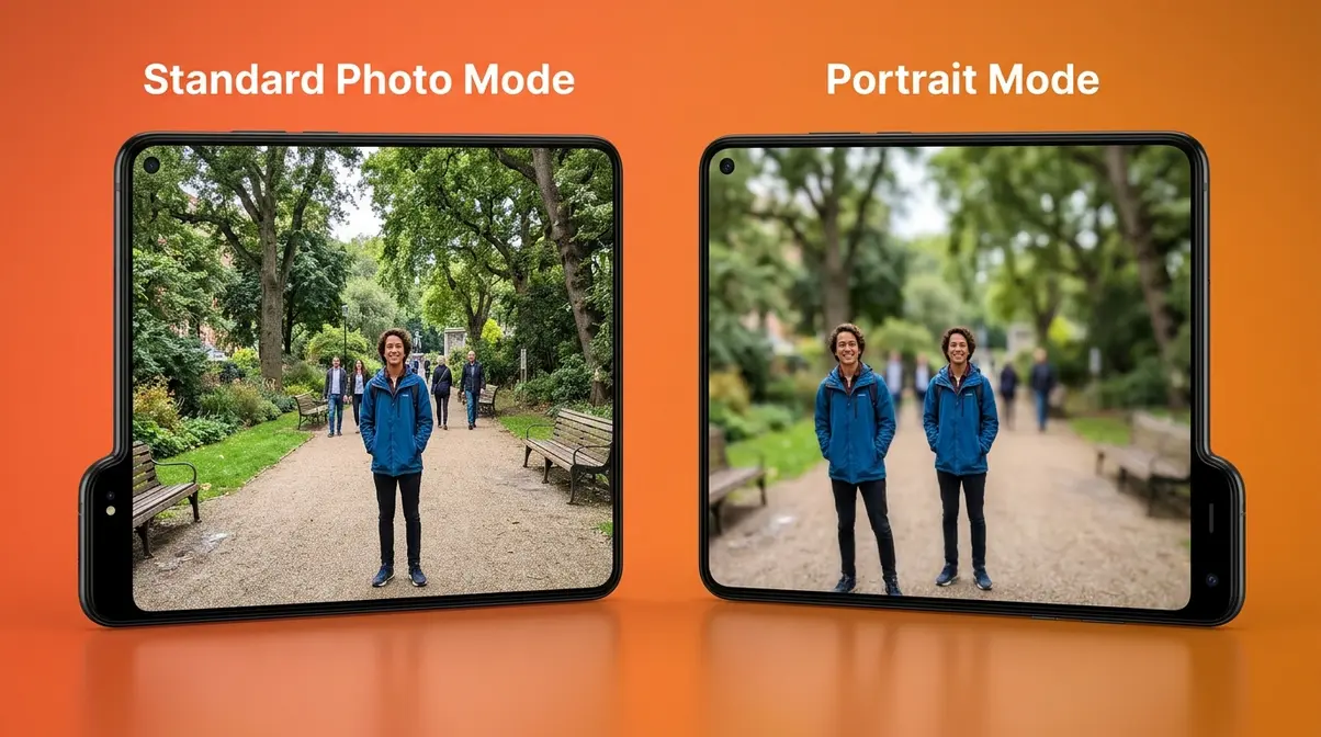 Portrait mode versus standard photo mode comparison on two smartphone screens showing background blur difference