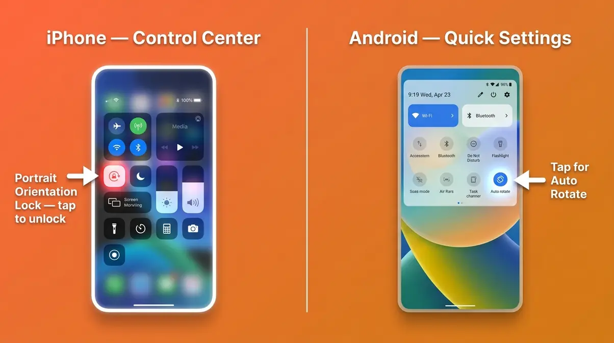 iPhone Control Center showing portrait orientation lock button highlighted next to Android Quick Settings auto rotate toggle