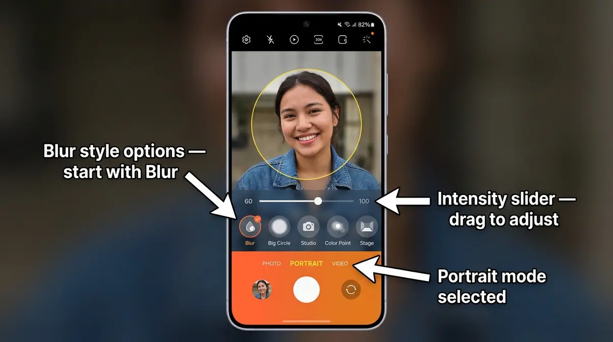Samsung Galaxy S25 portrait mode interface showing Live Focus blur style options and intensity slider controls