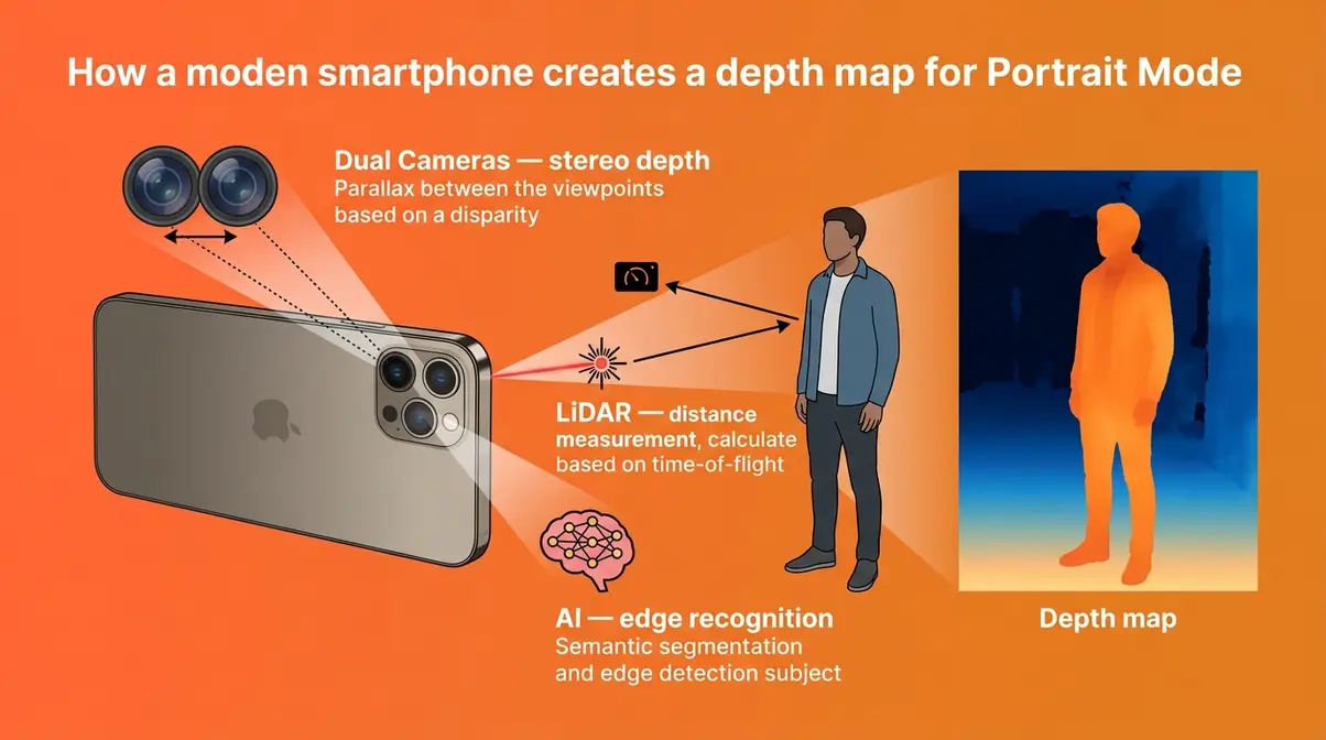 Smartphone depth map creation for portrait mode showing dual cameras LiDAR sensor and AI working together