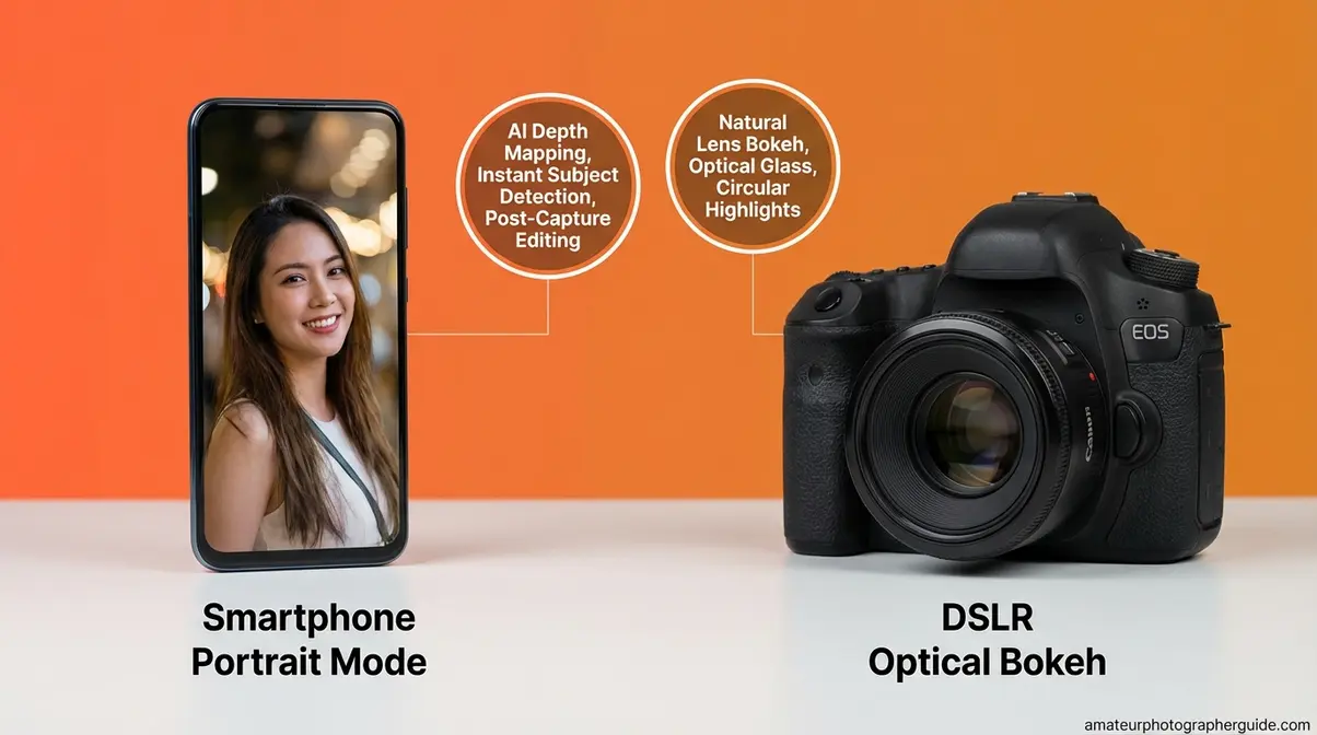 Smartphone with portrait mode bokeh compared to professional DSLR camera optical blur side by side