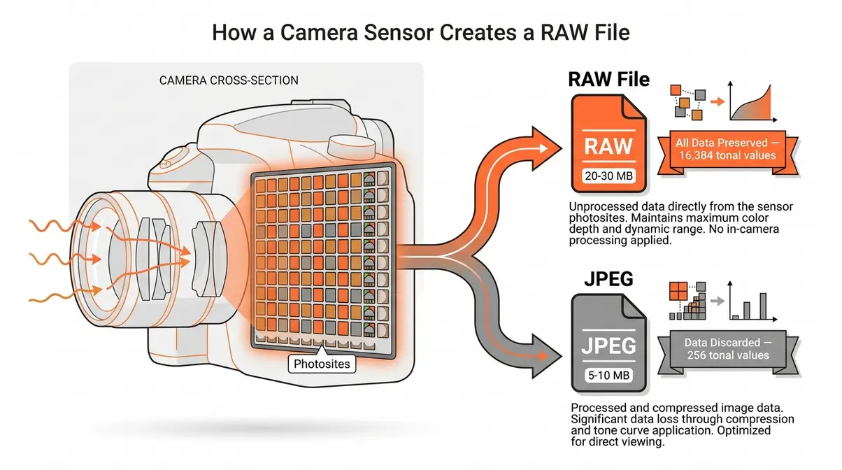 Diagram showing light hitting camera sensor photosites branching into RAW file versus JPEG output