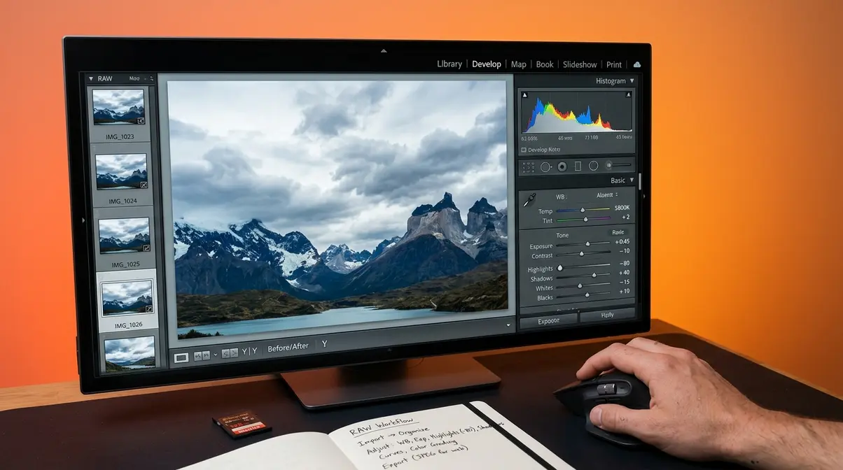 Adobe Lightroom RAW file editing interface showing histogram and tonal adjustment sliders for beginners
