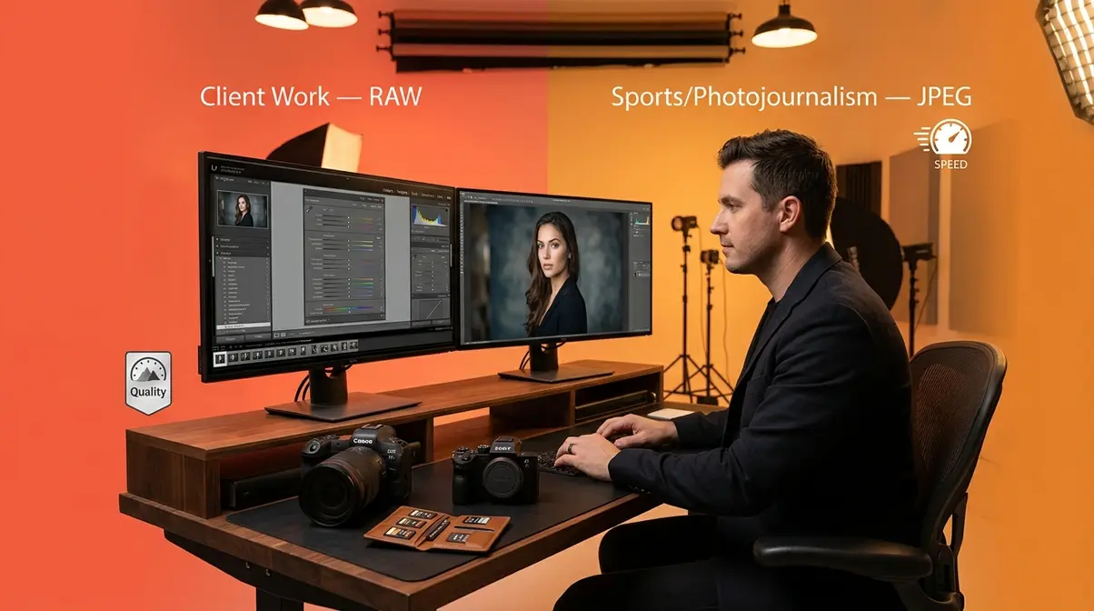 Professional photographer editing RAW files at workstation showing dual-monitor workflow setup
