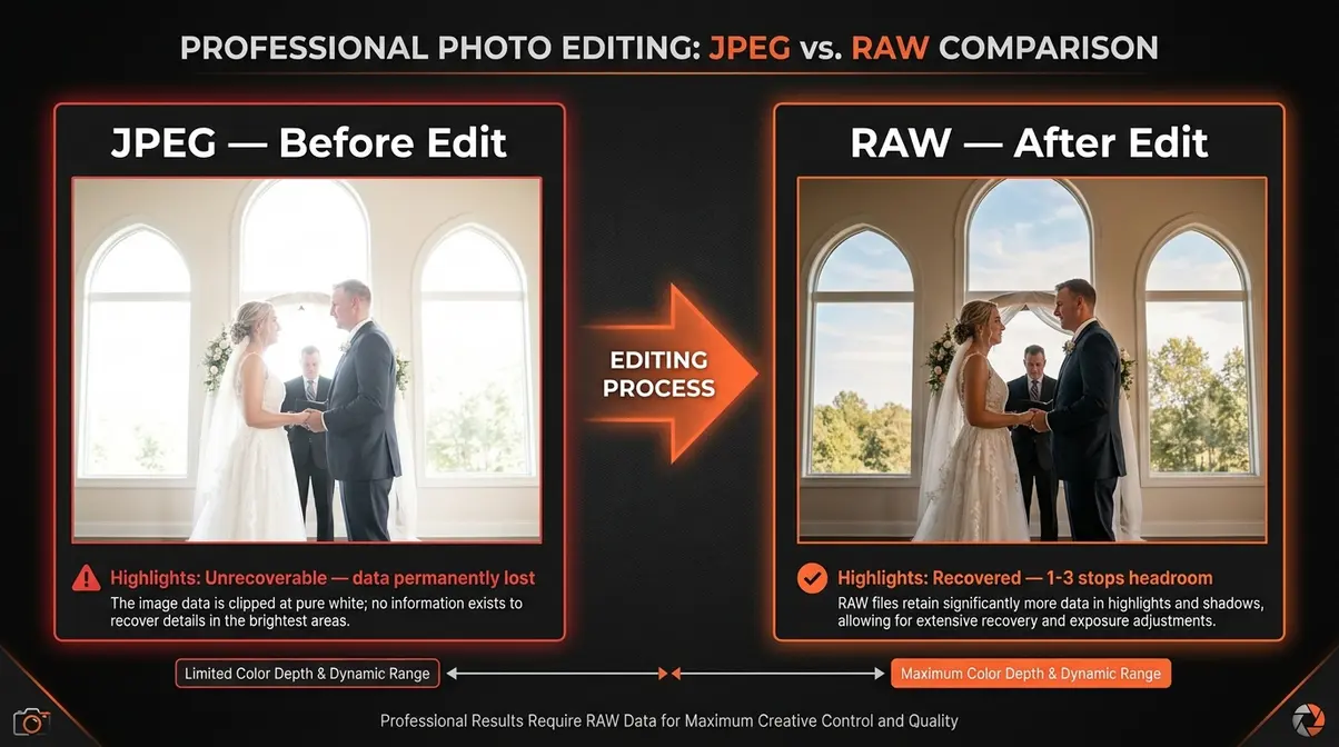 Before and after editing comparison showing highlight recovery possible in RAW format versus JPEG