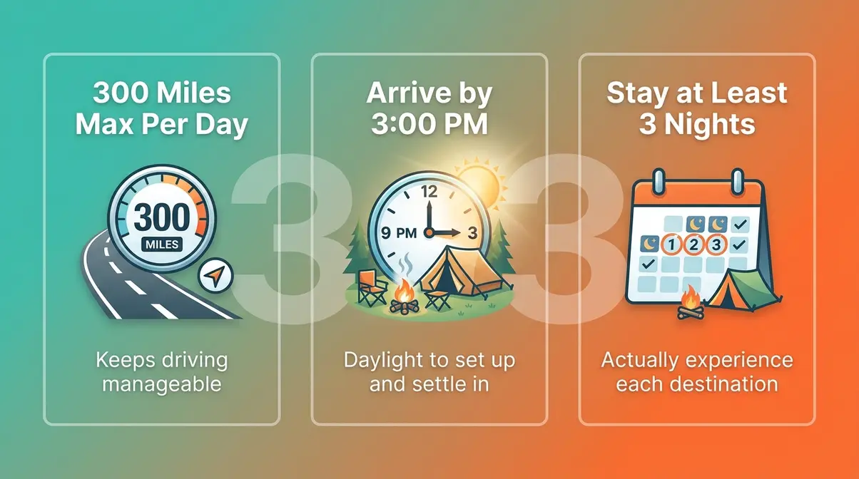 Infographic explaining the 3-3-3 camping rule: 300 miles per day, arrive by 3 PM, stay at least 3 nights