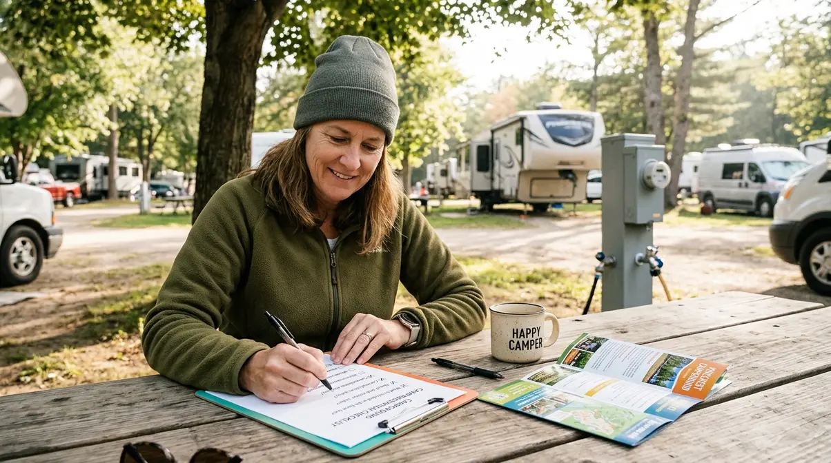 Camper reviewing seasonal campsite booking checklist with four key questions on a clipboard at a campground