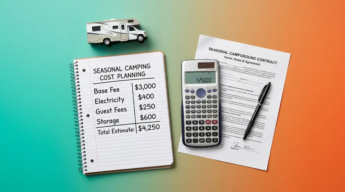 Seasonal camping cost breakdown with notepad showing site fees, electricity, and storage charges