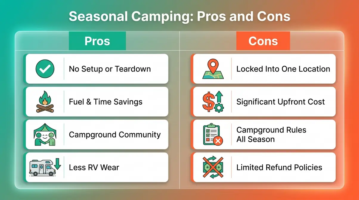 Pros and cons matrix for seasonal camping showing convenience benefits versus location lock-in and upfront cost drawbacks