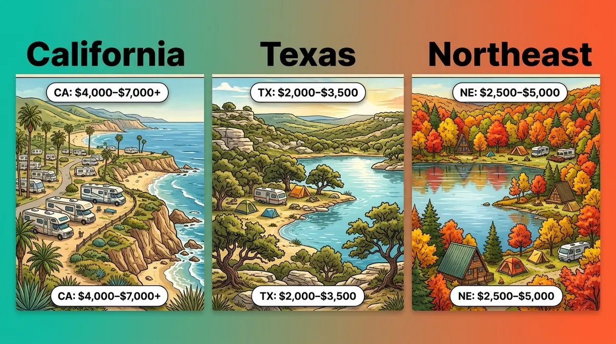 Regional seasonal camping price comparison map showing California, Texas, and Northeast campground cost ranges