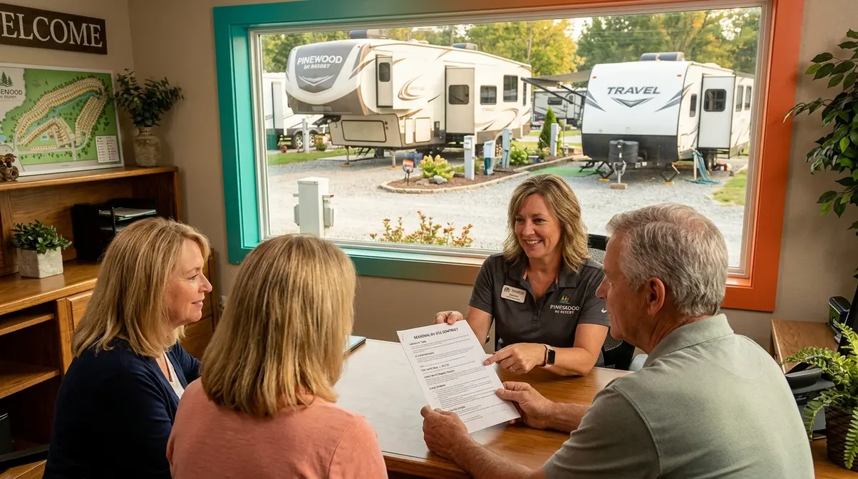 Campground manager reviewing seasonal camping contract rules and stay limits with new seasonal campers