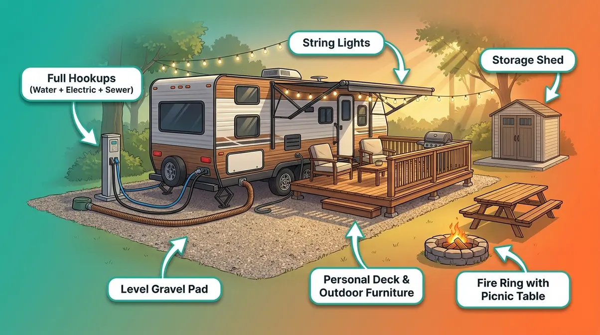 Illustration of a seasonal campsite showing RV with full hookups, deck, string lights, and storage shed