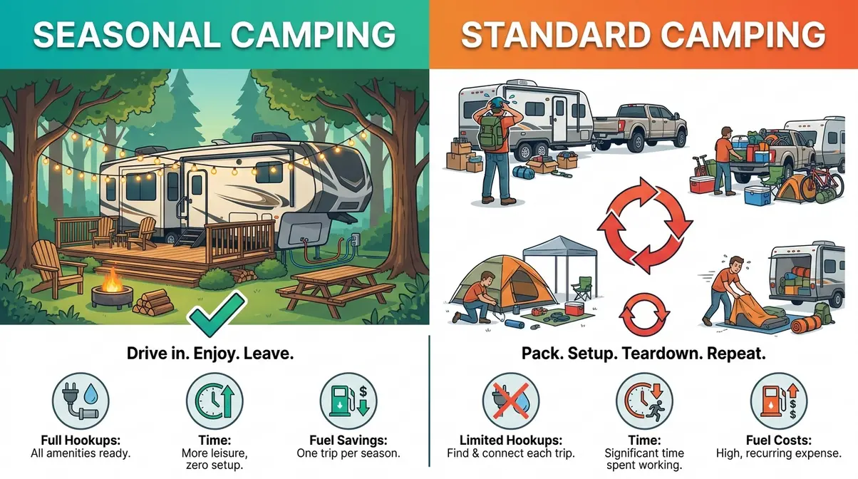 Infographic comparing seasonal camping permanent site setup versus standard weekend camping teardown cycle