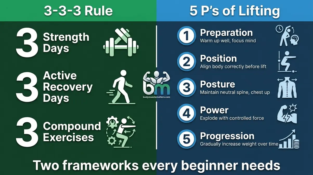 The 3-3-3 Rule and 5 P's of Lifting frameworks for beginner strength training illustrated as two complementary visual systems