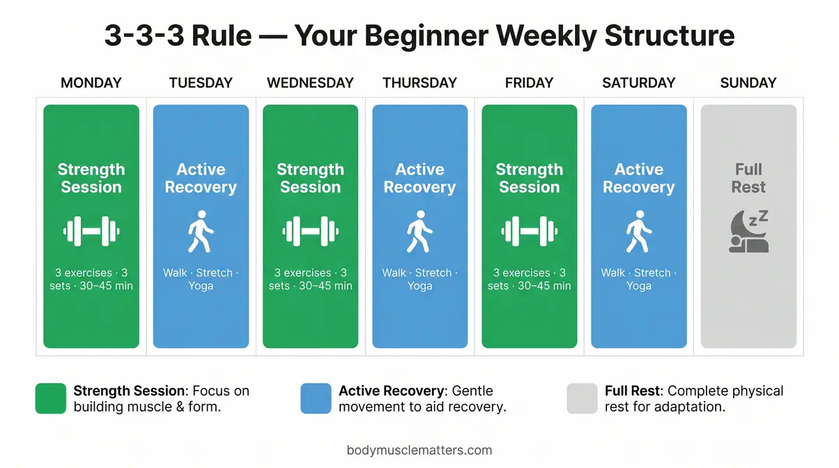 Strength training for beginners weekly workout plan showing 3 training days and 3 active recovery days using the 3-3-3 Rule