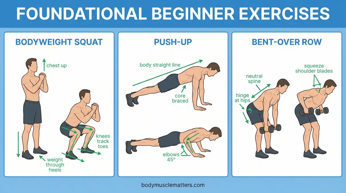 Step-by-step strength training form guide for beginners showing squat, push-up, and bent-over row technique with annotations