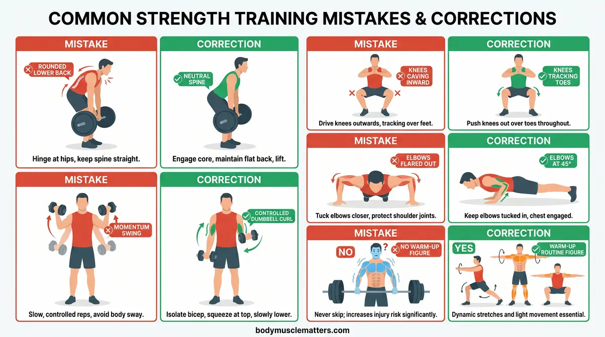 Illustrated guide showing 5 common strength training form mistakes and corrections for beginners with annotated diagrams