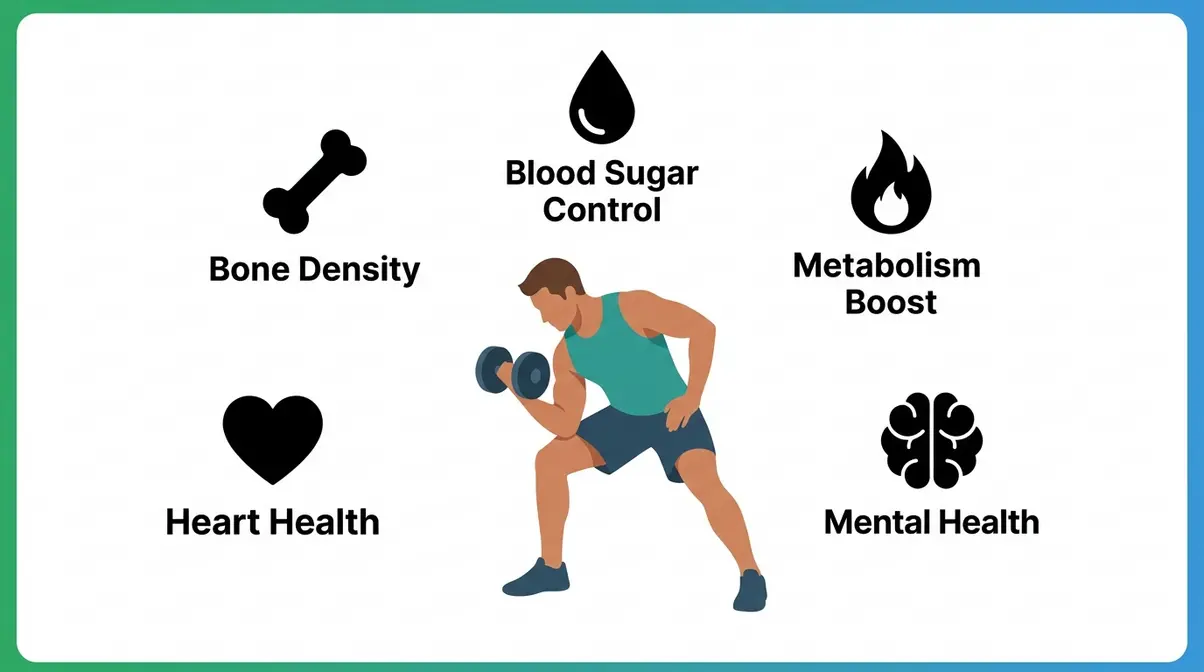 Five core health benefits of strength training for beginners including bone density, blood sugar, and metabolism illustrated
