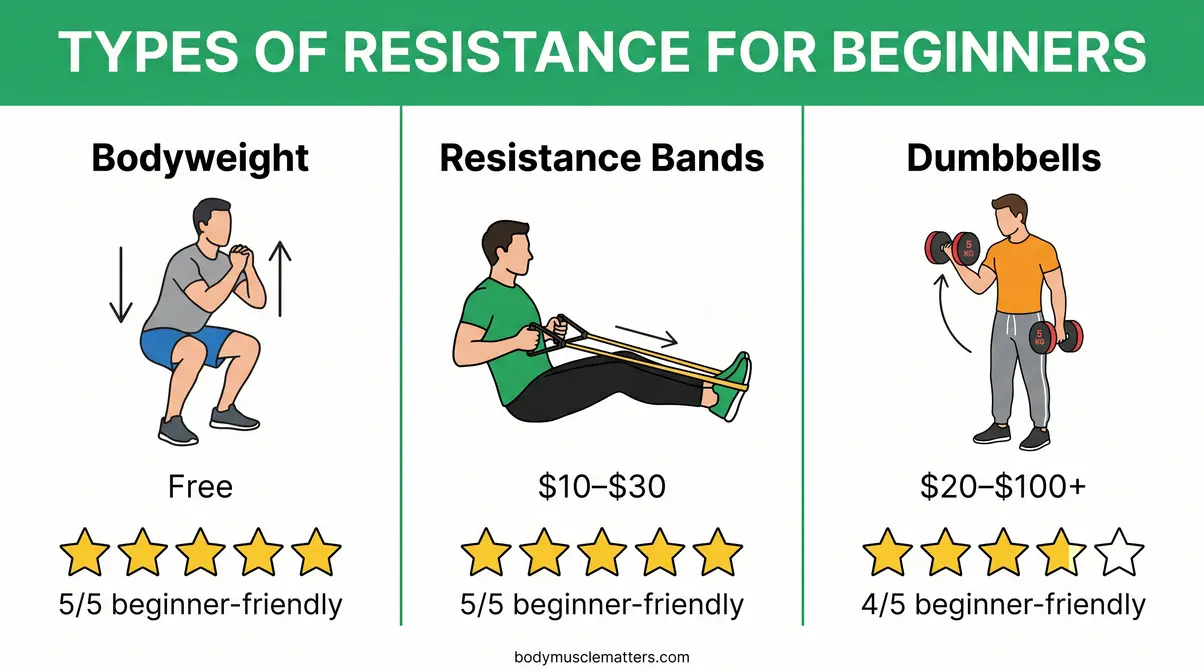 Three types of strength training resistance for beginners — bodyweight, dumbbells, and resistance bands compared side by side