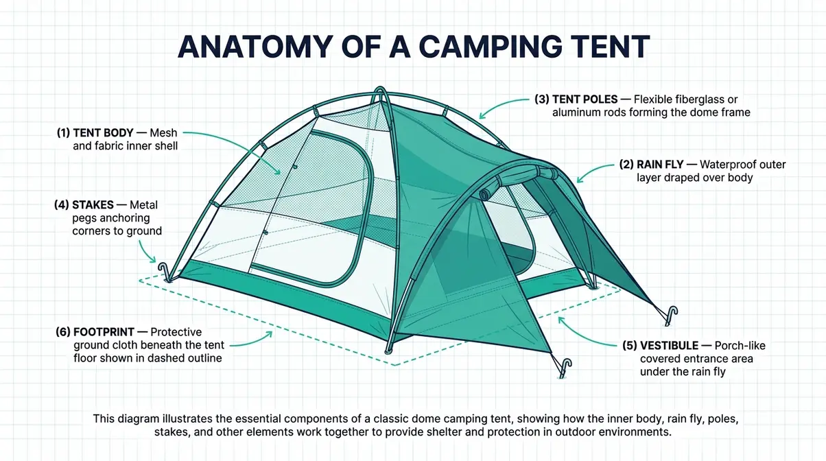 Labeled diagram of a camping tent showing body, rain fly, poles, stakes, vestibule, and footprint for beginners