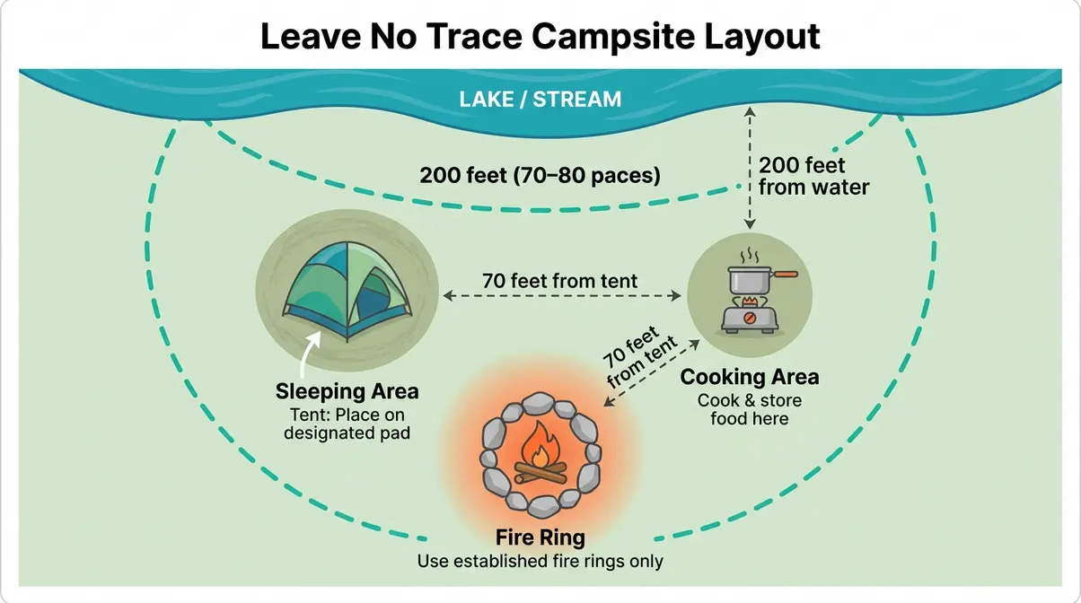 Top-down campsite layout diagram showing 200-foot water buffer, tent placement, cooking area, and fire ring positions