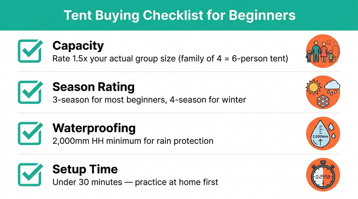Illustrated checklist of four tent selection criteria — capacity, season rating, waterproofing, and setup time for beginners