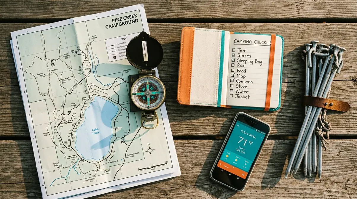 Overhead flat-lay of tent camping planning essentials including map, compass, checklist notebook, and tent stakes