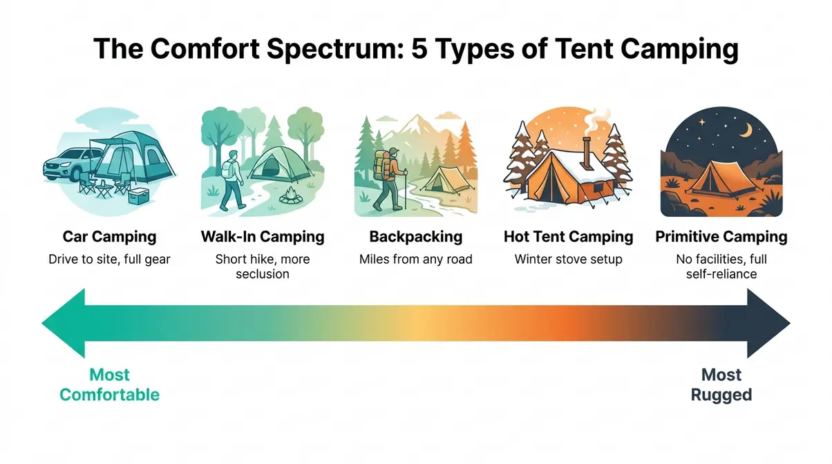 Illustrated comfort spectrum showing five tent camping types from car camping to primitive camping by difficulty level