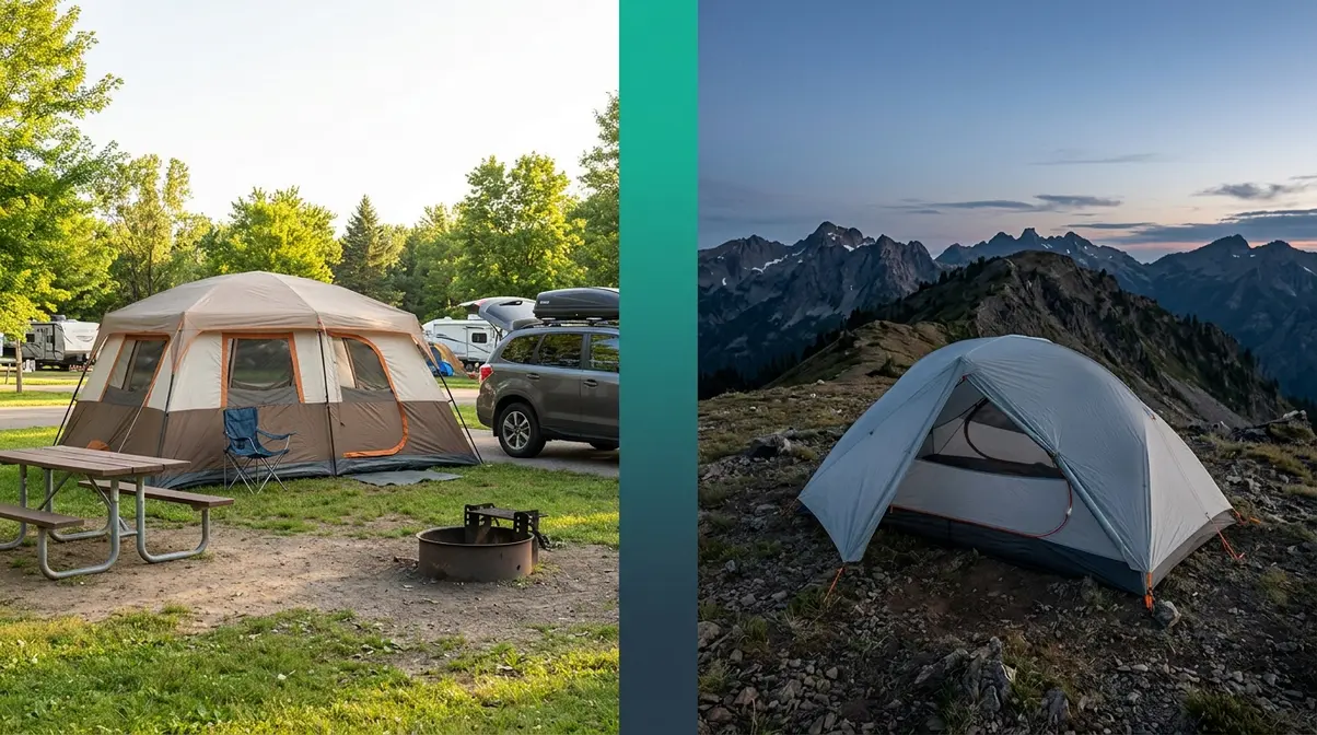 Split image showing car camping setup on left and remote backpacking tent on right representing the camping comfort spectrum