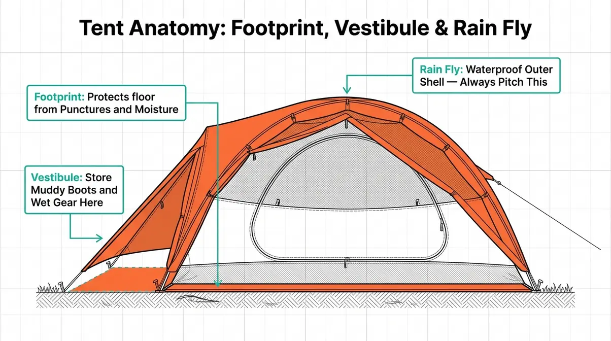 Cross-section diagram of a camping tent showing footprint underneath, rain fly over body, and vestibule at entrance
