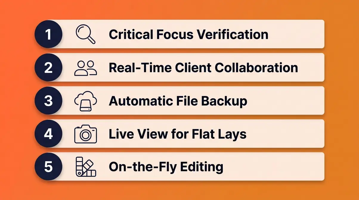 Five reasons photographers shoot tethered including focus verification, client collaboration, and automatic backup