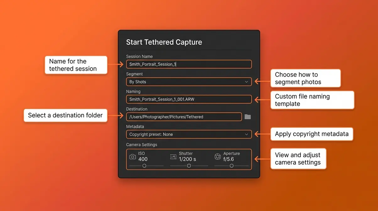 Lightroom Classic tethered capture setup dialog showing session name, destination folder, and camera settings fields labeled